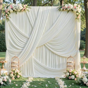 May include: A cream-coloured draped fabric backdrop for an outdoor event, decorated with floral arrangements of white and pink roses. Gold birdcage decorations and scattered petals enhance the elegant atmosphere. The backdrop is set on a green lawn.