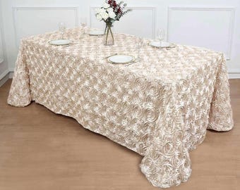 CHAMPAGNE - Rechteckige Tischdecke Tischdecke Satin Rosette - 3D Blumen Tischdecke für Hochzeit Baby Shower Geburtstag Tea Party Dessert