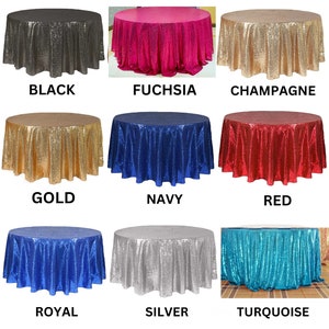 Puede incluir: Nueve manteles redondos de lentejuelas en varios colores, incluyendo negro, fucsia, champán, dorado, azul marino, rojo, azul real, plateado y turquesa.