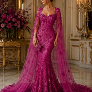 fuschia pink lace dress Fuchsia Elegance Lace Gown Teuta Matoshi