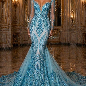 May include: A stunning, floor-length formal gown in shades of blue. The dress features intricate sequin detailing and a mermaid silhouette. Long, sheer sleeves and a plunging neckline add elegance. The gown's train flows gracefully, creating a dramatic effect.