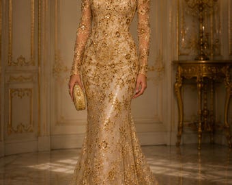 May include: A floor-length, off-the-shoulder gold gown featuring long sleeves and an intricate, dense floral lace overlay with sequin embellishments. The dress has a fitted bodice that flares into a mermaid silhouette with a train and a small clutch.