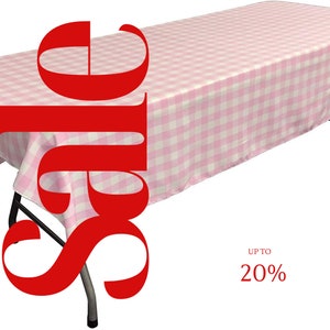 Polyester Poplin Gingham Checkered Rectangular Tablecloth (White & Pink, Choose Size Below