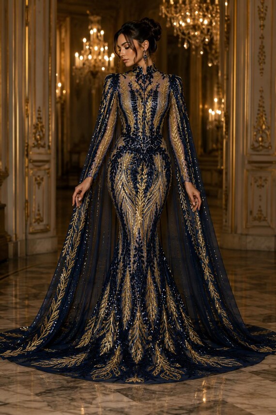 navy blue and gold sequin dress NAVY/GOLD - Lux Iridescent Embroidered Mesh Fabric - Luxury Lace by the Yard __with:ACC0666_GOLD
