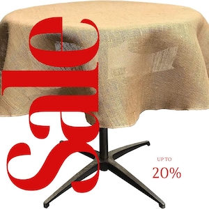 May include: A round burlap table cloth with a black metal table base. The table cloth is beige and has a rough texture. The table base has a star shape. The text "Up to 20%" is visible in the image.