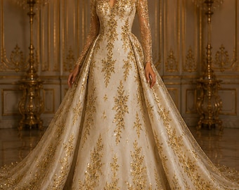 May include: A floor-length gown featuring long sleeves and a sweetheart neckline, adorned with intricate gold embroidery and sequins over a cream-colored fabric. The dress includes a fitted bodice and a voluminous skirt with a sweeping train.