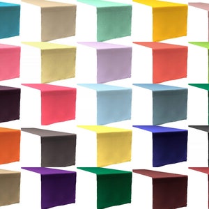 May include: A collection of colorful table runners in various shades, including teal, beige, mint green, yellow, and pink. The runners are displayed with a white background, showcasing their vibrant colors and textures. These runners are suitable for events and home decor.