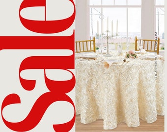 IVORY - Round Tablecloth Table Cloth Satin Rosette Tablecloth - 3D Floral Table Cloth for Wedding Baby Shower Birthday Tea Party Dessert