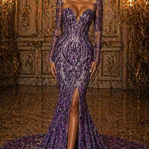 May include: A glamorous, floor-length gown in shades of purple and silver. The dress features a plunging neckline, long sleeves, and a high slit. The intricate sequin and beadwork create a shimmering effect. The dress has a long train and is suitable for formal events.