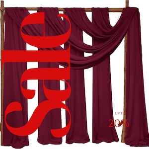 May include: Burgundy red fabric drapes hanging on a wooden frame. The word "Sale" is written in large red letters in front of the drapes. The text "Up to 20%" is written in white on a black background in the bottom right corner of the image.