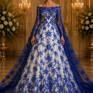 royal design dresses Royal Blue Sequin Sleeved 3D Rose Made to Measure Prom Dress