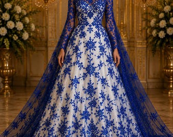May include: An off-the-shoulder white gown with intricate blue floral embroidery. The long sleeves and flowing train are made of sheer blue fabric. The dress features a fitted bodice and a full skirt, creating an elegant silhouette.