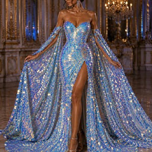May include: A strapless floor-length gown covered in iridescent blue and silver sequins. The dress features a sweetheart neckline, a high thigh slit, and long flowing cape sleeves that extend from the upper arms to the floor in a wide train.