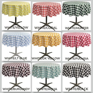 May include: Nine round tablecloths with a white and colored checkered pattern. The colors include yellow, coral, hunter green, light blue, dark yellow, fuchsia, burgundy, aqua, and black.