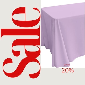 May include: A lavender tablecloth with a sale tag that says "Up to 20%".