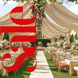 May include: An outdoor wedding reception with long tables, floral arrangements, and draped fabric. The image features a red graphic with the text "35%" and "UP TO 20%" in the corner, suggesting a sale or promotion.