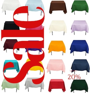 May include: A collection of 18 square tablecloths in various colors, including white, blue, brown, green, black, pink, yellow, red, and gray. The tablecloths are displayed on tables with black metal legs. The text "Up to 20%" is visible in the lower right corner of the image.