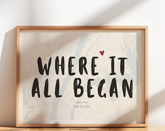 Impresión de mapa "Donde empezó todo", arte mural con mapa de ciudad personalizado, regalo personalizado para pareja, póster tipográfico moderno, decoración para aniversario o primera cita