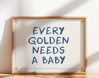 Lámina para anunciar la llegada de un bebé con diseño de Golden Retriever, arte de perro azul para habitación infantil, decoración de pared con diseño de perro (descarga digital)