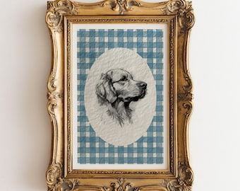 Impresión artística de acuarela de golden retriever, decoración de guardería azul, boceto de perro con estética vintage, descarga digital de impresión de coqueta de cuadros vichy