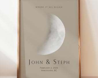 Impresión personalizada de las fases lunares / Regalo "Donde todo empezó" / Arte mural personalizado para la primera cita o aniversario / Regalo de boda o compromiso para parejas