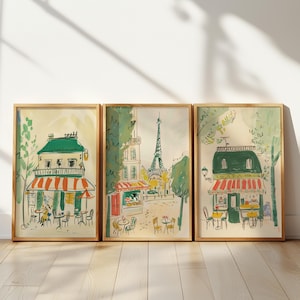 Bemelmans Paris Cafe Inspired Digital Print, Grandmillenial Paris Wall Art, Wall Art Set of 3, Neutral Nursery Paris Wallpaper Alternative