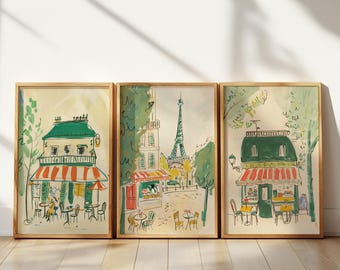 Bemelmans Paris Cafe Inspired Digital Print, Grandmillenial Paris Wall Art, Wall Art Set of 3, Neutral Nursery Paris Wallpaper Alternative