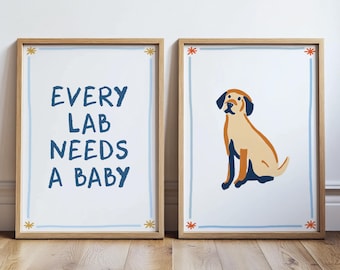 Cada Labrador Necesita Un Bebé Juego de Láminas, Anuncio de Bebé, Decoración de Habitación Infantil con Perro Azul Dibujado a Mano, Arte de Pared de Perro, Póster de Revelación de Bebé Descarga Digital
