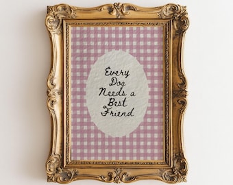 Acuarela Cada perro necesita un mejor amigo Lámina, decoración infantil rosa, arte de boceto de perro con estética vintage Lámina Gingham Coquette Descarga digital