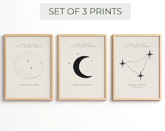 Juego de 3 láminas decorativas para pared "La noche en que naciste", láminas para guardería con datos de nacimiento, lámina personalizada de fases lunares, lámina de nacimiento con mapa estelar, constelación del zodíaco.