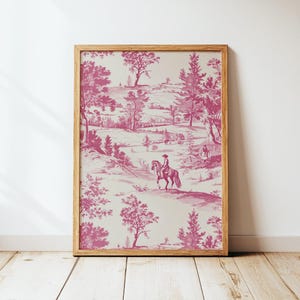 Arte de pared con estampado de vaquero chinoiserie para habitación de niñas / Toile de Jouy simple / Impresión digital vintage rosa / Decoración del hogar del salvaje oeste / Arte de vaqueros