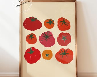 Arte digital de pared para cocina moderna con tomates tradicionales, impresión mediterránea, arte gastronómico retro, cocina ecléctica, póster de tomates rojos, impresión de vegetales