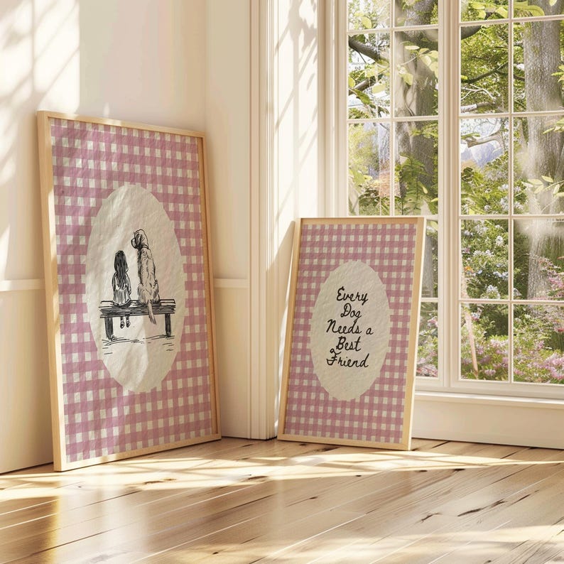Watercolor Girl and Golden Retriever Art Print, Pink Nursery Decor, Vintage Aesthetic Dog Sketch Art Gingham Coquette Print Digital Download image 3