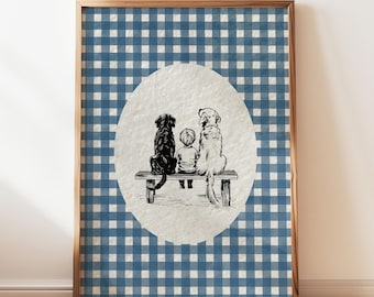 Lámina de acuarela de Golden Retriever, Labrador negro y niño: Boceto de niño y perro, Arte infantil vintage (Descarga digital)