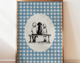 Watercolor Children and Black Lab Print, Neutral Nursery Decor, Vintage Dog Sketch Art, Grandmillenial Nursery Print Digital Download