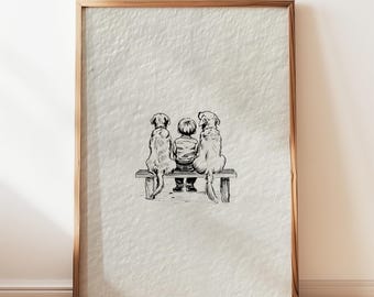 Lámina de acuarela con dos golden retrievers y un niño: boceto neutro de un niño y un perro, arte vintage para habitación infantil (descarga digital).