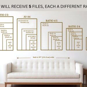 May include: Image displaying five print aspect ratios: 2:3, A1-A4, 4:5, 3:4, and 11x14, with dimensions in inches and cm. A white sofa, 251.5 cm wide, is positioned below the ratios. The text reads: 'YOU WILL RECEIVE 5 FILES, EACH A DIFFERENT RATIO'.