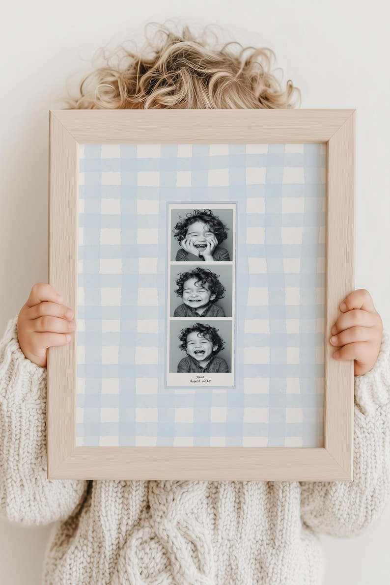 A customizable Photo Booth template, a Photo Booth strip on a blue watercolor gingham background hanging in a boys nursery or kids room.