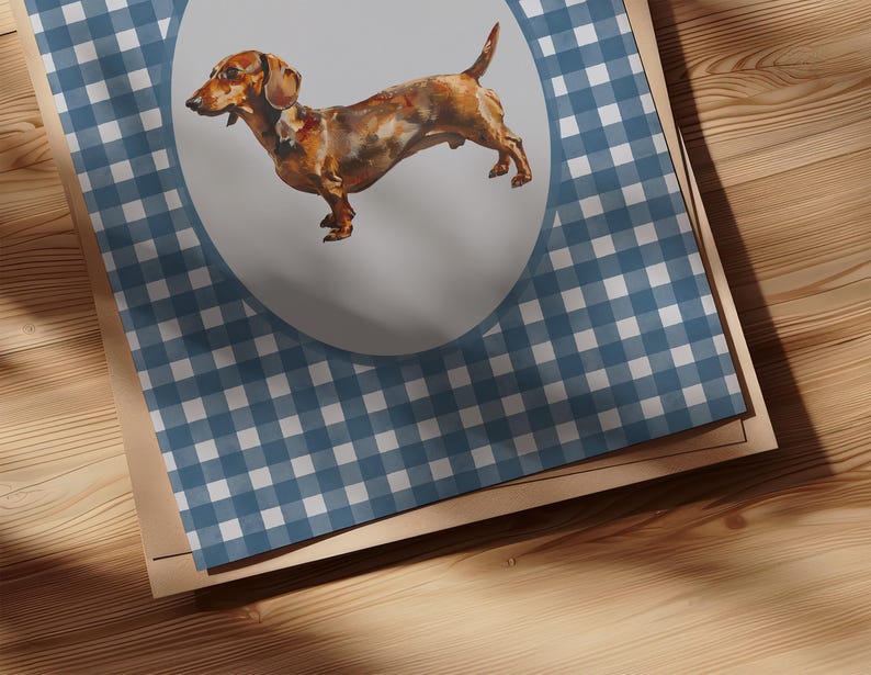 A vintage asethetic digital download art print. Blue watercolor gingham pattern painted on handmade textured paper with an oil painting of a dachshund dog in the center.  Cute trendy nursery decor or dog lover art