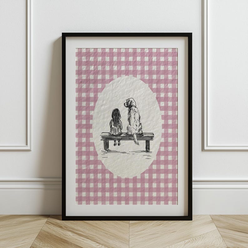 a cute vintage style print of a little girl sitting beside a golden retriever dog on a bench.  Hand drawn dog sketch on a textured paper with a pink gingham watercolor background.  Retro style. Cute and trendy girl nursery wall decor