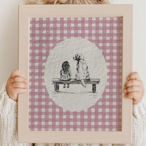 a cute vintage style print of a little girl sitting beside a golden retriever dog on a bench.  Hand drawn dog sketch on a textured paper with a pink gingham watercolor background.  Retro style. Cute and trendy girl nursery wall decor