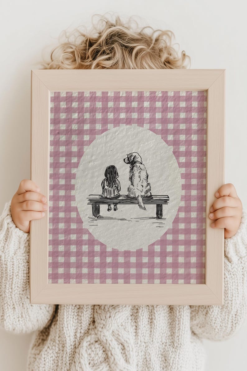 a cute vintage style print of a little girl sitting beside a golden retriever dog on a bench.  Hand drawn dog sketch on a textured paper with a pink gingham watercolor background.  Retro style. Cute and trendy girl nursery wall decor