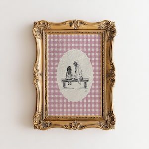 a cute vintage style print of a little girl sitting beside a golden retriever dog on a bench.  Hand drawn dog sketch on a textured paper with a pink gingham watercolor background.  Retro style. Cute and trendy girl nursery wall decor