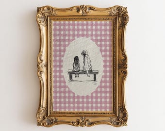 Akvarell flicka och golden retriever konsttryck, rosa barnrumsdekor, vintage estetisk hundskisskonst gingham koketttryck digital nedladdning