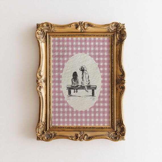 Watercolor Girl and Golden Retriever Art Print, Pink Nursery Decor, Vintage Aesthetic Dog Sketch Art Gingham Coquette Print Digital Download
