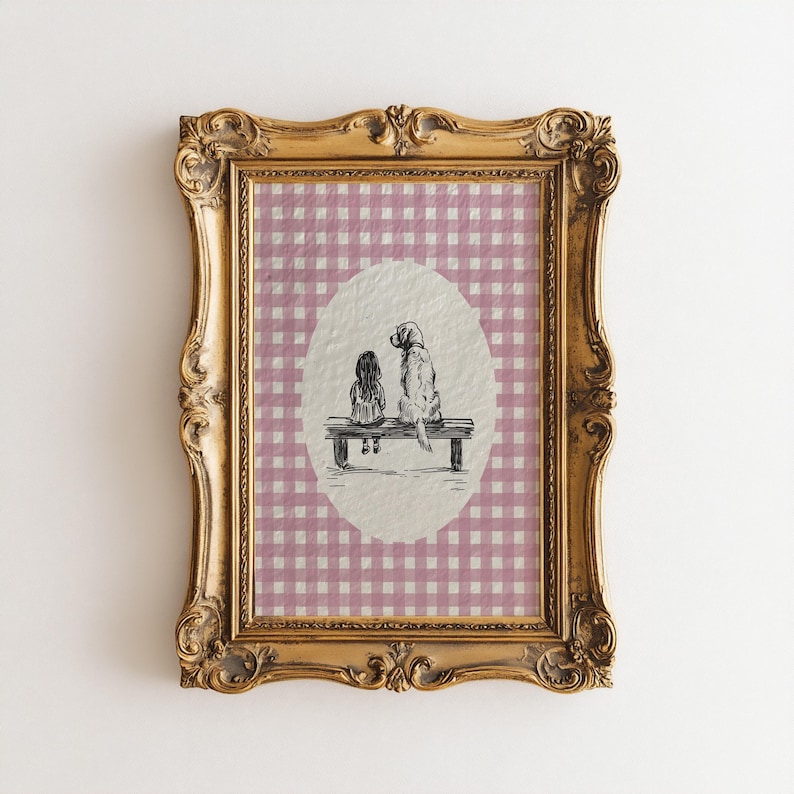 a cute vintage style print of a little girl sitting beside a golden retriever dog on a bench.  Hand drawn dog sketch on a textured paper with a pink gingham watercolor background.  Retro style. Cute and trendy girl nursery wall decor