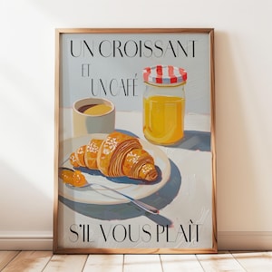 フレンチカフェクロワッサンプリント、ビストロコーヒーポスター、コーヒーバープリント、Un Cafe Sil Vous Plait、キッチン装飾、タイポグラフィアート、デジタルダウンロード