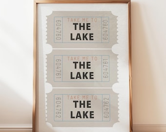 Llévame al lago - Lámina decorativa para pared, decoración para casa de lago, impresión de boleto vintage, letrero para cabaña, regalo de verano para el lago, descarga digital
