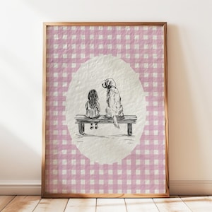 a cute vintage style print of a little girl sitting beside a golden retriever dog on a bench.  Hand drawn dog sketch on a textured paper with a pink gingham watercolor background.  Retro style. Cute and trendy girl nursery wall decor