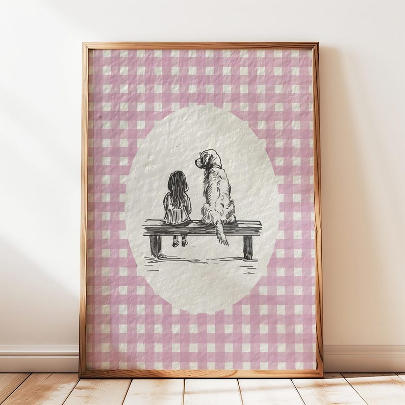 a cute vintage style print of a little girl sitting beside a golden retriever dog on a bench.  Hand drawn dog sketch on a textured paper with a pink gingham watercolor background.  Retro style. Cute and trendy girl nursery wall decor